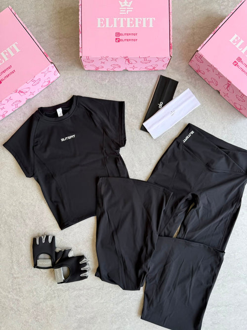 CONJUNTO LEGGINS FLARE CORTE V FRONTAL Y BLUSA